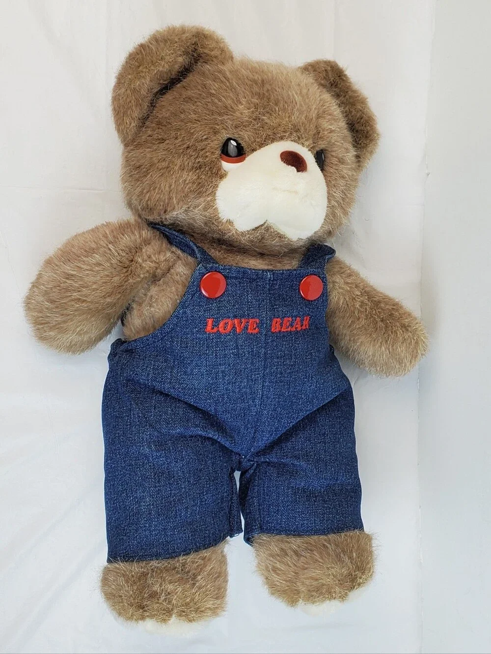 Russ Berrie VTG Love Bear Jean Denim Bib Overalls Caress Soft Plush Korea - GUC